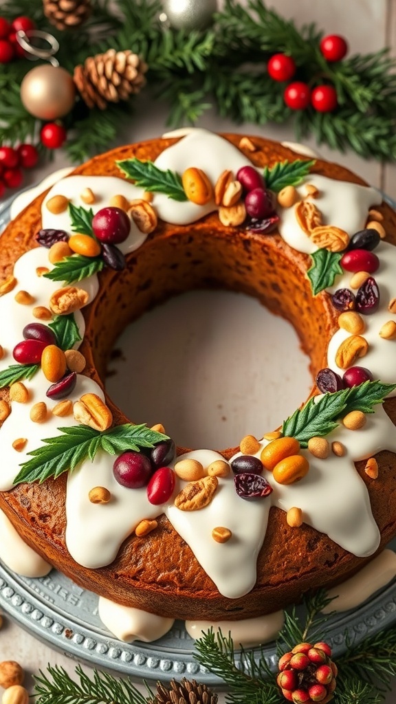 Festive Christmas Cake Wreath Recipe A festive Christmas cake wreath decorated with icing, fruits, and nuts, surrounded by holiday decorations.